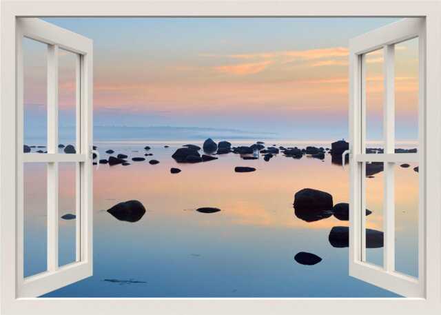 Sunset Wall Decal Mural, 3D Window View Decal, Sea Rocks Nature Sticker Living Room Bedroom Home Decor