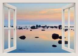 Sunset Wall Decal Mural, 3D Window View Decal, Sea Rocks Nature Sticker Living Room Bedroom Home Decor