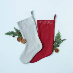 Personalized Linen Christmas Stocking Embroidered Neutral Xmas Stocking - thumbnail 1