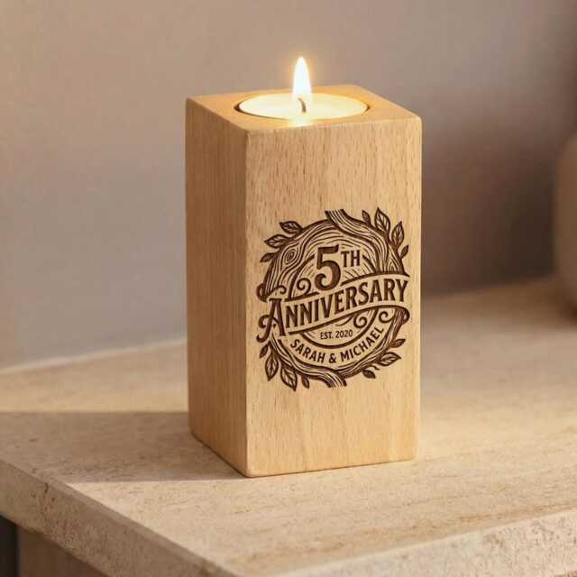 Personalised 5Th Wedding Anniversary Wooden Tealight Candle Gift - image 1