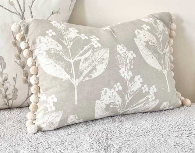 Laura Ashley Chiltern Natural, Handmade Floral Pillow With Pom Decorative Edging - image 1