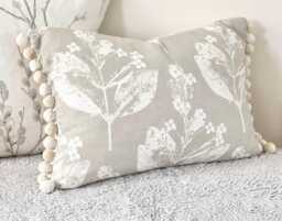 Laura Ashley Chiltern Natural, Handmade Floral Pillow With Pom Decorative Edging - thumbnail 1
