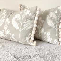 Laura Ashley Chiltern Natural, Handmade Floral Pillow With Pom Decorative Edging - thumbnail 2