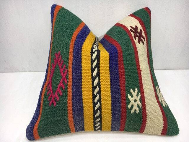 Vintage Handwoven Kilim Pillow, Turkish Bohemian Decor - 16x16 - image 1