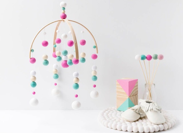 Pink & Aqua Green Baby Mobile - Girl Felt Pom Crib Minimalist Wool Ball Nursery Cot Wooden Arch Ceiling Decor - image 1