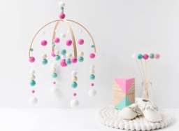 Pink & Aqua Green Baby Mobile - Girl Felt Pom Crib Minimalist Wool Ball Nursery Cot Wooden Arch Ceiling Decor
