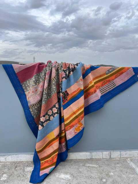 Vintage Kantha Quilt Patchwork Reversible Block Print Cotton Handmade Throw Blanket - image 1