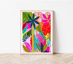 Pink Panther Print , Tropicals Leaves Plants Colour Abstract Bright Quirky Funky Colourful Wall Decor Art - thumbnail 1