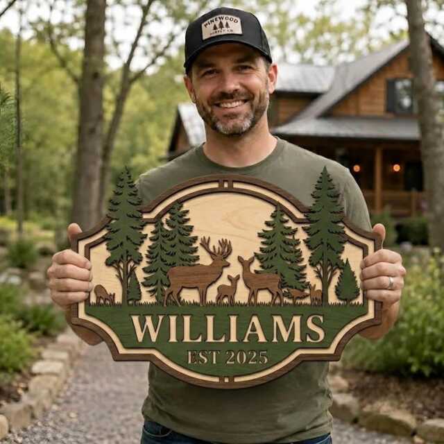 Personalized Deer Family Wooden Sign, Custom Last Name Wood Forest Cabin Decor, Rustic Farmhouse Wall Porch Sign - image 1