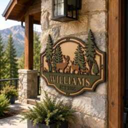 Personalized Deer Family Wooden Sign, Custom Last Name Wood Forest Cabin Decor, Rustic Farmhouse Wall Porch Sign - thumbnail 3