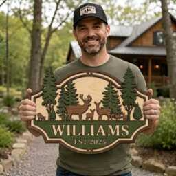 Personalized Deer Family Wooden Sign, Custom Last Name Wood Forest Cabin Decor, Rustic Farmhouse Wall Porch Sign - thumbnail 1