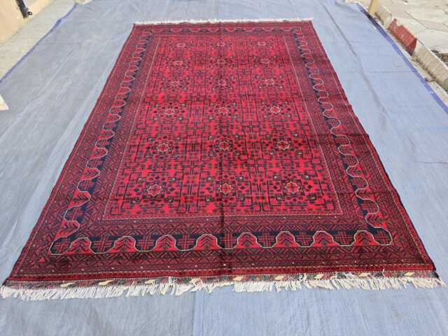 7x10 Turkmen Bukhara Handmade Wool Rug - Red Navy Carpet For Living Room - image 1