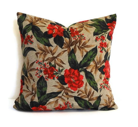 Floral Holiday Pillow Cover Red Flower, Green Leaf - 16x16 - image 1