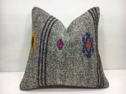 Vintage Turkish Kilim Pillow Cover, Bohemian Handwoven Cushion - 16x16 - thumbnail 1