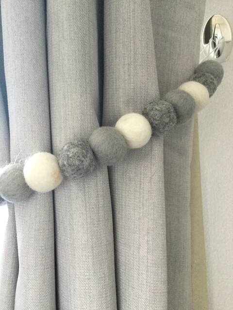 Grey & White Felt Ball Curtain Tie Backs Wool Pom Decor - image 1