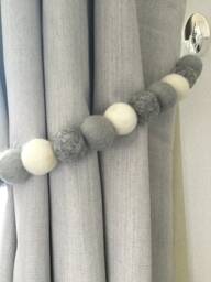Grey & White Felt Ball Curtain Tie Backs Wool Pom Decor