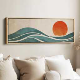Minimal Horizontal Seascape Wall Art Teal Waves Orange Sun Panoramic Canvas Print For Bedroom
