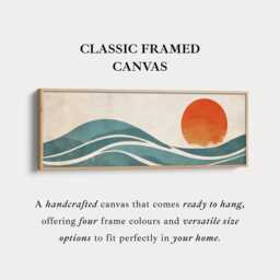 Minimal Horizontal Seascape Wall Art Teal Waves Orange Sun Panoramic Canvas Print For Bedroom - thumbnail 2