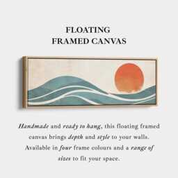 Minimal Horizontal Seascape Wall Art Teal Waves Orange Sun Panoramic Canvas Print For Bedroom - thumbnail 3