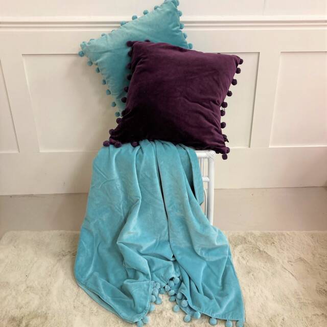 Duck Egg Blue Velvet Throw ~ Blanket Pom By Raggedroseltd - image 1