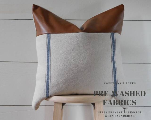 Clearance Grain Sack Pillow Cover - Striped Feed Farmhouse Blue 3 Stripe Beige Fabric