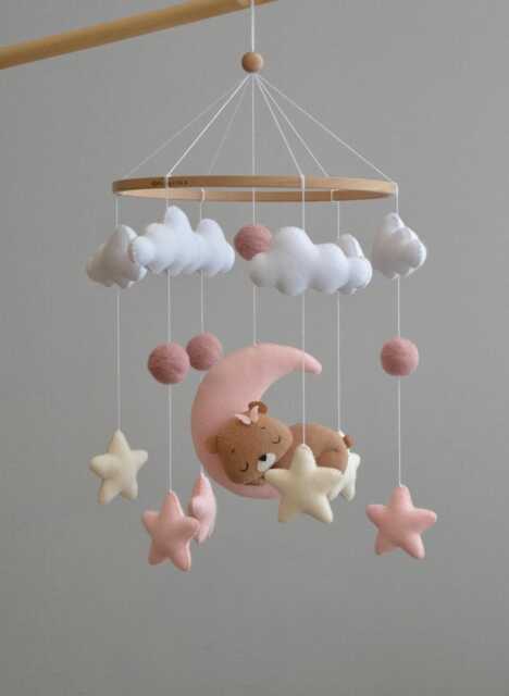 Felt Bear Baby Mobile, Sleeping On Moon, Boho Nursery Decor - image 1