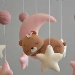 Felt Bear Baby Mobile, Sleeping On Moon, Boho Nursery Decor - thumbnail 2