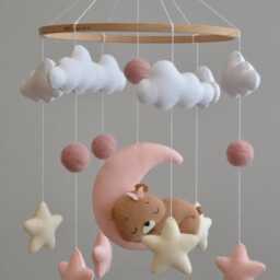 Felt Bear Baby Mobile, Sleeping On Moon, Boho Nursery Decor - thumbnail 3
