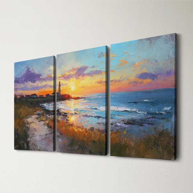 Lighthouse Beach 3 Split Panel Canvas Wall Art - Water Paint Abstract Ocean Nautical Seascape Coastal Home Decor - image 1