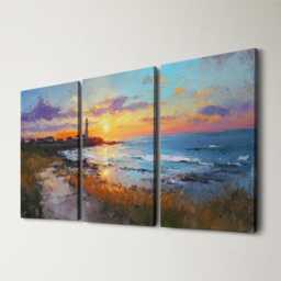 Lighthouse Beach 3 Split Panel Canvas Wall Art - Water Paint Abstract Ocean Nautical Seascape Coastal Home Decor - thumbnail 1
