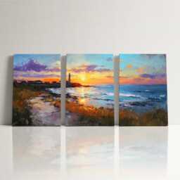Lighthouse Beach 3 Split Panel Canvas Wall Art - Water Paint Abstract Ocean Nautical Seascape Coastal Home Decor - thumbnail 3