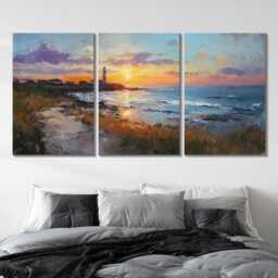 Lighthouse Beach 3 Split Panel Canvas Wall Art - Water Paint Abstract Ocean Nautical Seascape Coastal Home Decor - thumbnail 2