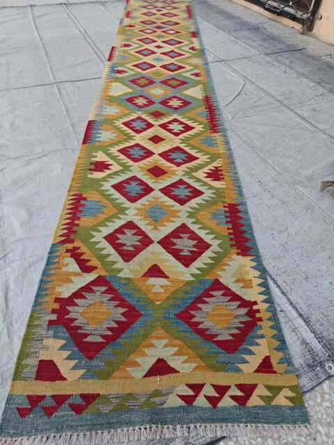Afghan Kilim Runner Rug Handmade Wool Hallway Carpet, Farmhouse Style - 15.3x2.6 Ft - image 1