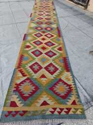 Afghan Kilim Runner Rug Handmade Wool Hallway Carpet, Farmhouse Style - 15.3x2.6 Ft - thumbnail 1