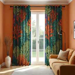 Tropical Leaves & Coral Pattern Curtains, Bold Botanical Drapes, Custom Size Curtain Panels, Nature Inspired Home Decor