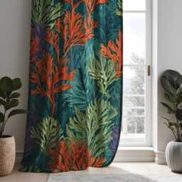 Tropical Leaves & Coral Pattern Curtains, Bold Botanical Drapes, Custom Size Curtain Panels, Nature Inspired Home Decor - thumbnail 2