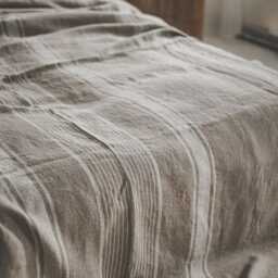 Natural Linen Bedspread With Stripes - Rustic Farmhouse Bedding, Handmade Blanket, Soft & Breathable Coverlet, Cottage Home Decor - thumbnail 2