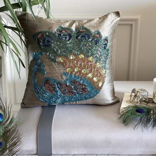 Taupe Green Art Silk Beaded Birds Pattern Traditional Peacock Throw Pillow Cover - image 1