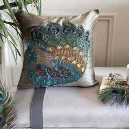 Taupe Green Art Silk Beaded Birds Pattern Traditional Peacock Throw Pillow Cover - thumbnail 1