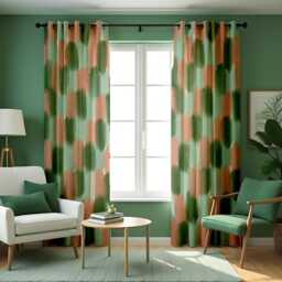 Modern Brushstroke Curtains, Abstract Green & Peach Pattern Drapes, Contemporary Artistic Window Panels - thumbnail 2