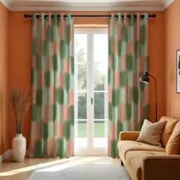 Modern Brushstroke Curtains, Abstract Green & Peach Pattern Drapes, Contemporary Artistic Window Panels