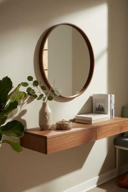 Round Solid Wood Wall Mirror, Walnut Or Oak Frame, Bathroom & Hallway Mirror - image 1