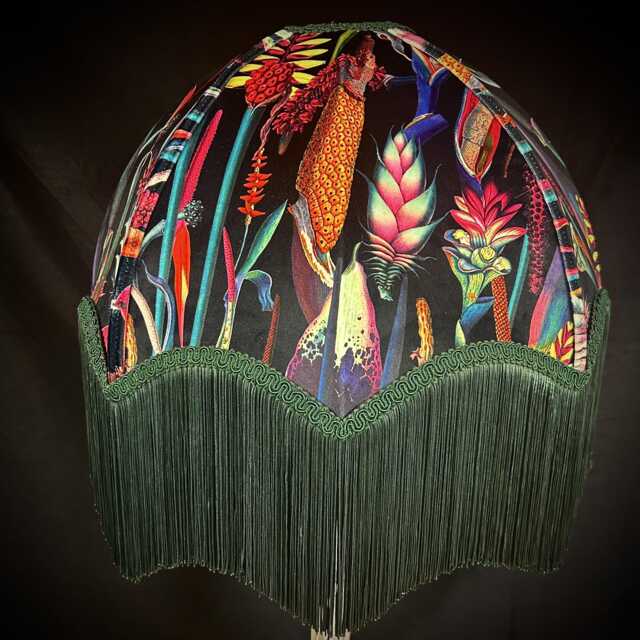 Botanical Black Velvet Lampshade Handmade Green Fringe Lampshade - image 1