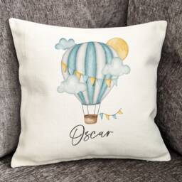 Personalised Hot Air Balloon Cushion, Nursery Gift, New Baby Blue, Yellow Or Pink - thumbnail 2
