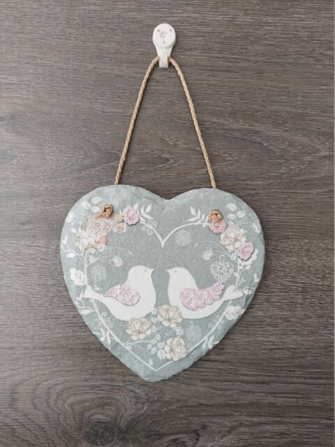 Turtle Doves Slate Heart Plaque Decoupage Bird Wall Hanging - image 1