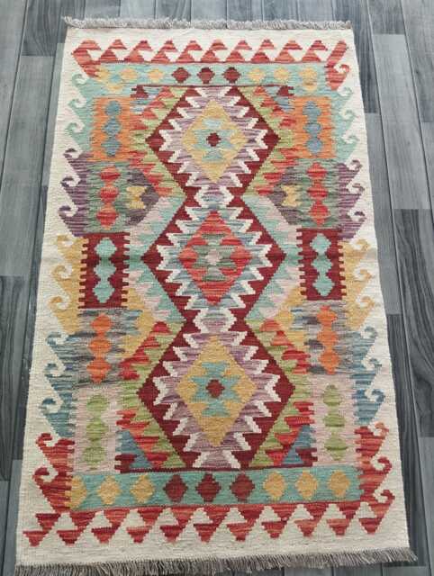 Afghan Kilim Rug, Handmade Artisan Multicolour Turkish Persian Navajo Moroccan Bohemian Flatweave, Natural Wool Dhurrie Rug 130x79 cm - image 1