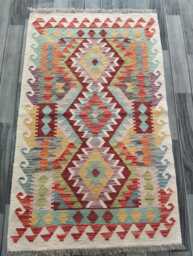 Afghan Kilim Rug, Handmade Artisan Multicolour Turkish Persian Navajo Moroccan Bohemian Flatweave, Natural Wool Dhurrie Rug 130x79 cm - thumbnail 1