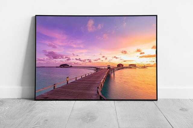 Tranquil Maldives Sunset Seascape Framed Resort Villas Wall Art Print - image 1