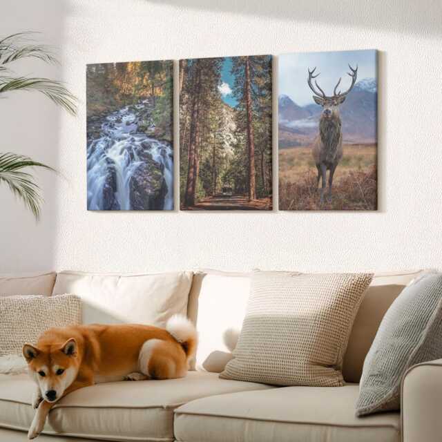 Canvas Set Of 3 Wall Art - Waterfall in The Forest, Mountains & Deer Nature, Brown Canvas, Landscapes Hanging Piece - image 1