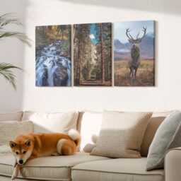 Canvas Set Of 3 Wall Art - Waterfall in The Forest, Mountains & Deer Nature, Brown Canvas, Landscapes Hanging Piece - thumbnail 1